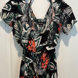 City Chic Black Tropical Dress with Green Leaves & Coral Flowers